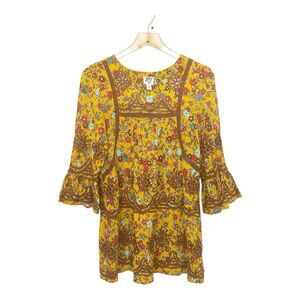 Ivy Jane Yellow Scalloped Eyelet Lace Tunic Top Floral Sz S Boho